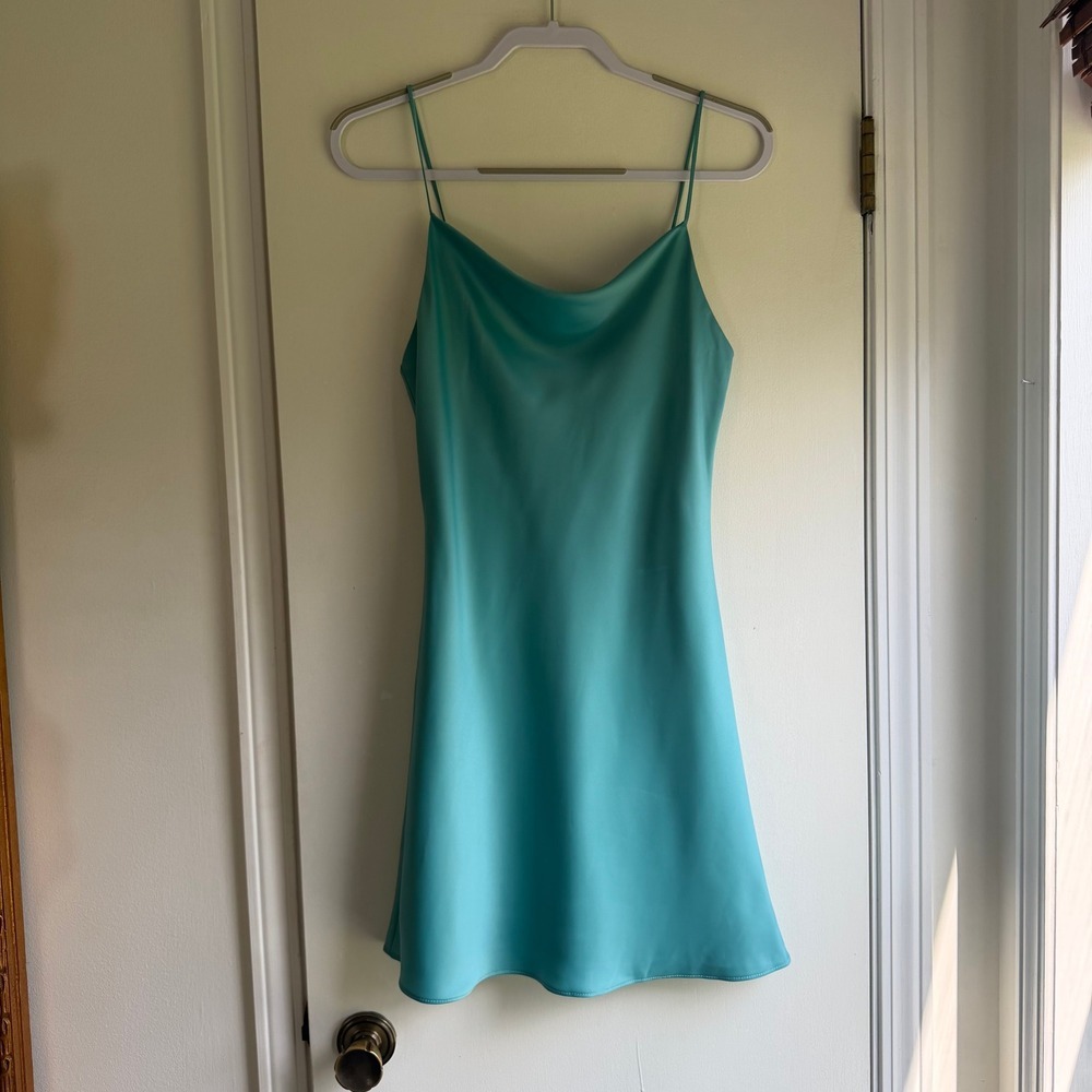 Hemline Teal Satin Cowl Neck Slip Mini Dress Size M NWT